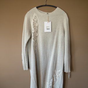 Beige/Grey Sweater Dress with Embroidered Accents